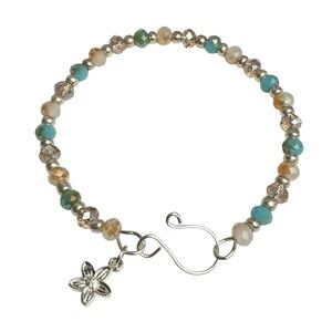 Hand Crafted Glass Bead Bangle Bracelet with Silver Tone Copper Wire Sz 7.5 NEW